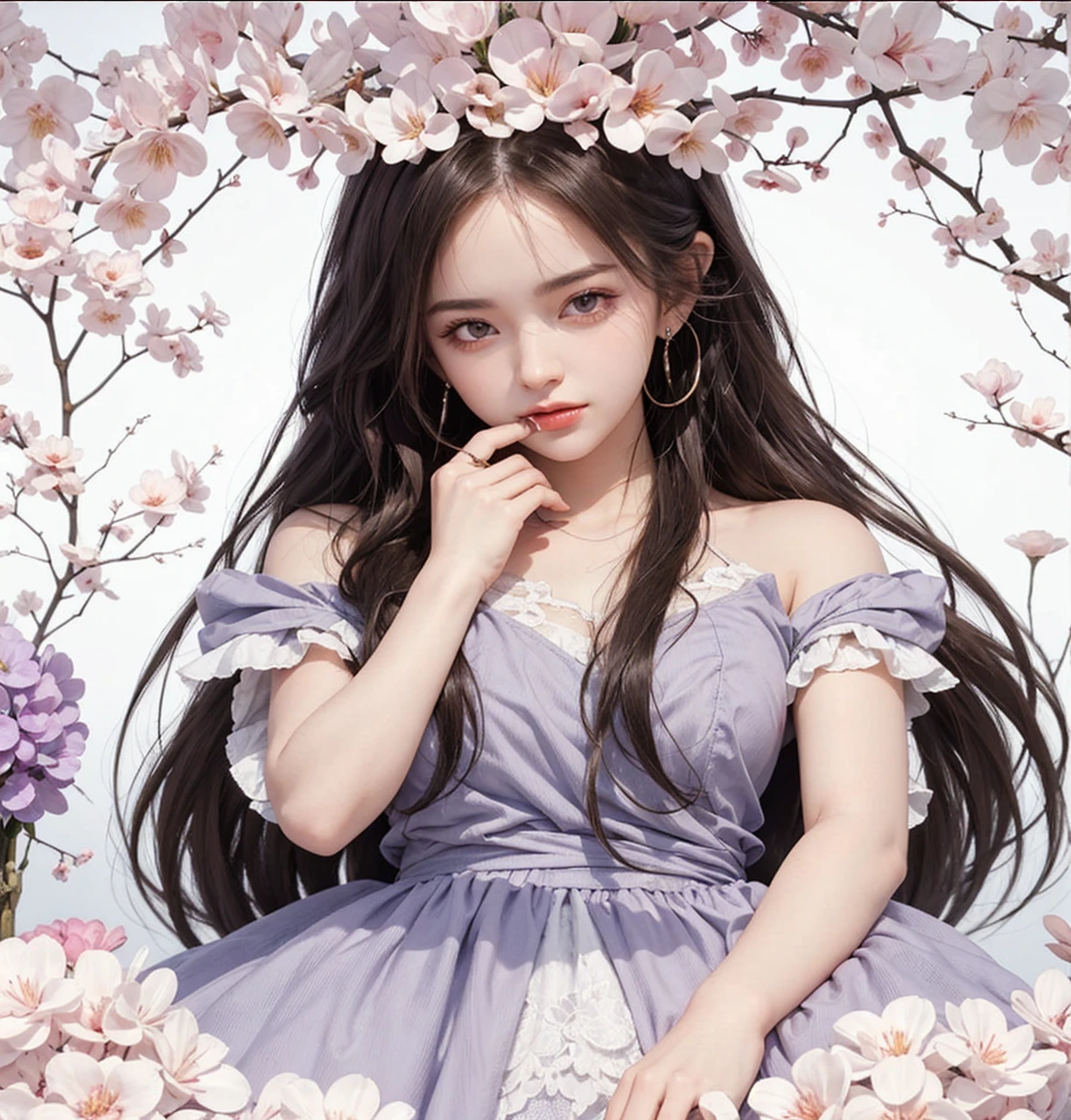 A stunningly lifelike portrait captures a 32-year-old girl with purple eyes and beautiful European features. girl have shiny, healthy and volumous purple hair.