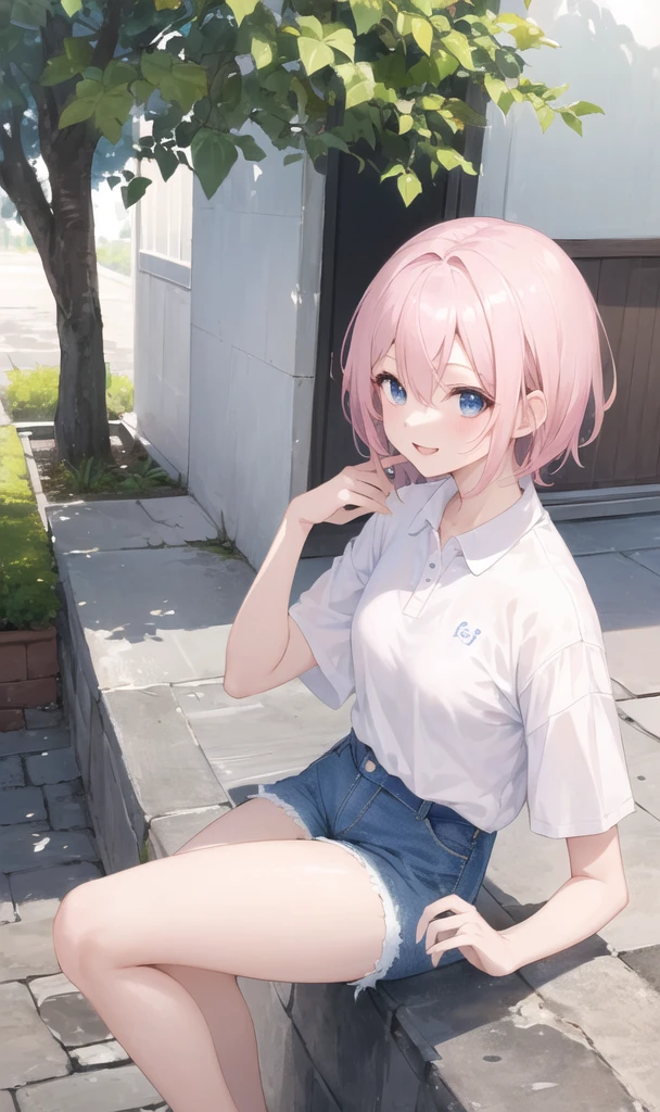 ((masterpiece, 最OK质量)), (1 girl), Light pink hair, sweet smile, blue eyes, short hair, (OK), White Polo Shirt, Wide jeans
