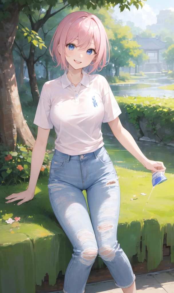 ((masterpiece, 最OK质量)), (1 girl), Light pink hair, sweet smile, blue eyes, short hair, (OK), White Polo Shirt, Wide jeans