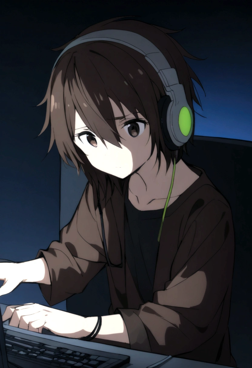 a character with dark brown hair wearing a black shirt in a dark room playing on the pc and using headphones