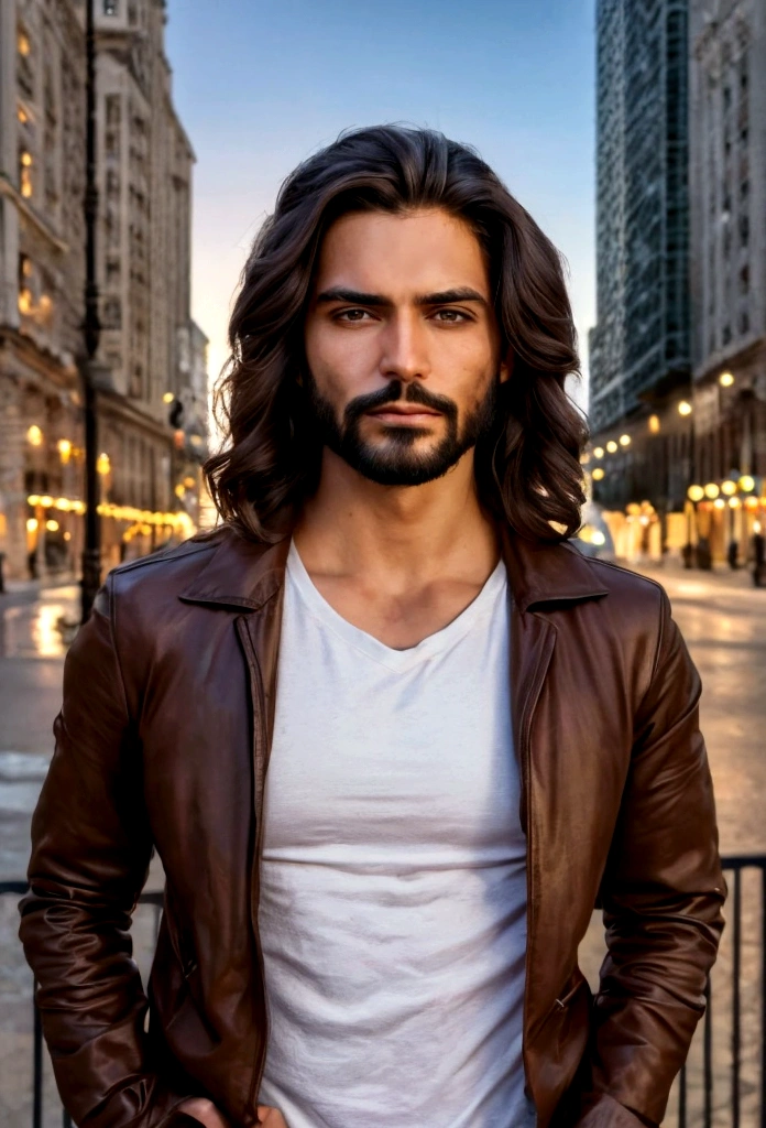 best quality,4k,8k,Altas,master part:1.2),ultra-detalhado,(Realistic,fotorrealista,photo-realistic:1.37),jesus cristo,estilo de arte tradicional,vivid and realistic,modern city,Chicago,Charismatic expression,postura humilde,modern interpertation,Noble Features,finely detailed facial features,dynamic compositing,Paradisiacal scenery,olhar confiante,,ambiente com Luz do sol dourada iluminando a cena,aura de angelical,atmosphric perspective,Explosive lighting, Jesus the man, racially ambiguous, loving, eyeliner, brown skin