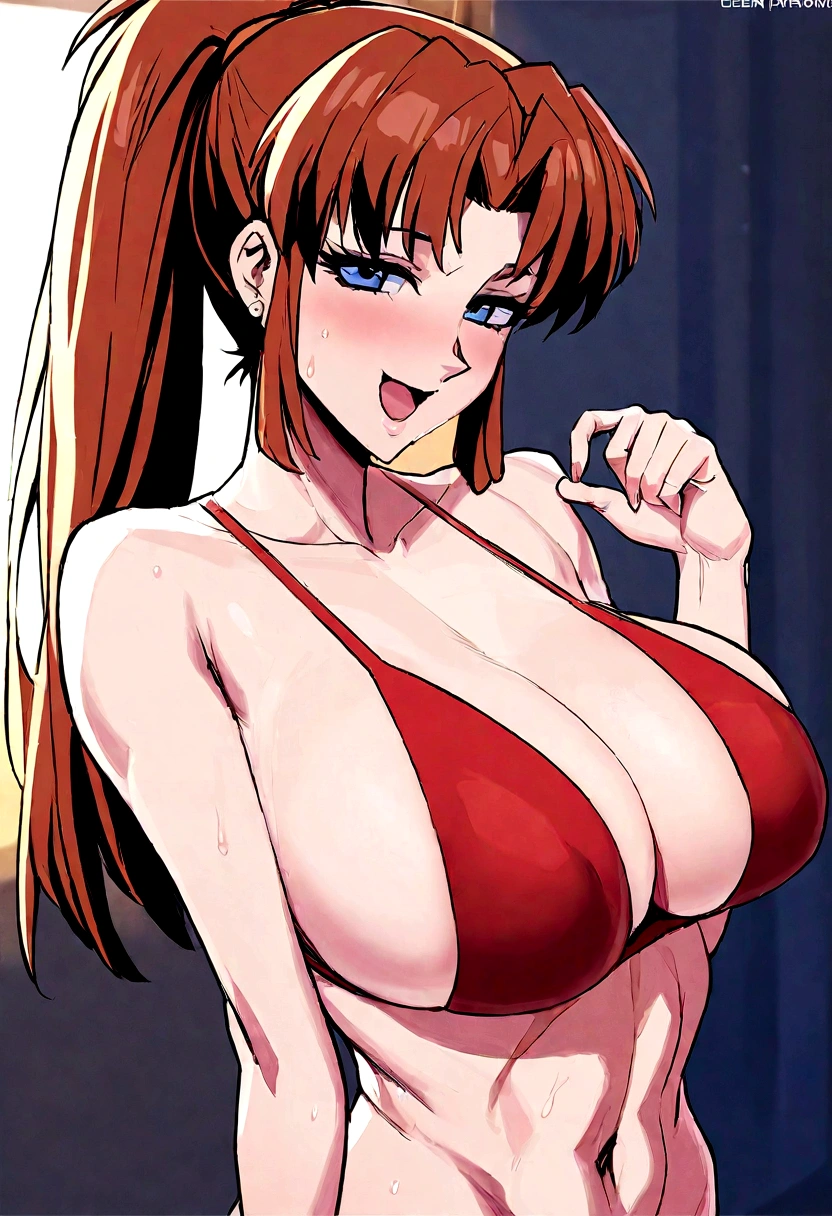 Asuka Langley with a with a uniform that sticks to her body, making an excited face, super big breasts showing her huge and sensual butt perfect german girl face, with blue eyes clear (perfect body) (perfect face) perfect blue eyes) European face, European features, 8k quality perfect hair Perfect hands, perfect body, high quality image, touching her perfect big breasts