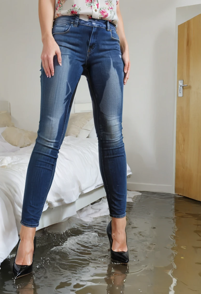 two attractive blonde woman, skinny jeans,  high heel pumps, work blouse, standing in a bedroom, wetting, big smile, pee stains are gleaming wet, pee run down legs, shoes flooded with pee, show heels, (((head in frame:1.4))), lower legs of jeans soaking wet, a stream of pee flows between their legs