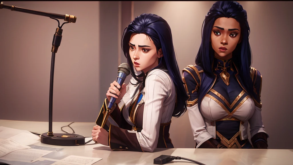 a female character holding a microphone without a background only the character, long hair and very beautiful