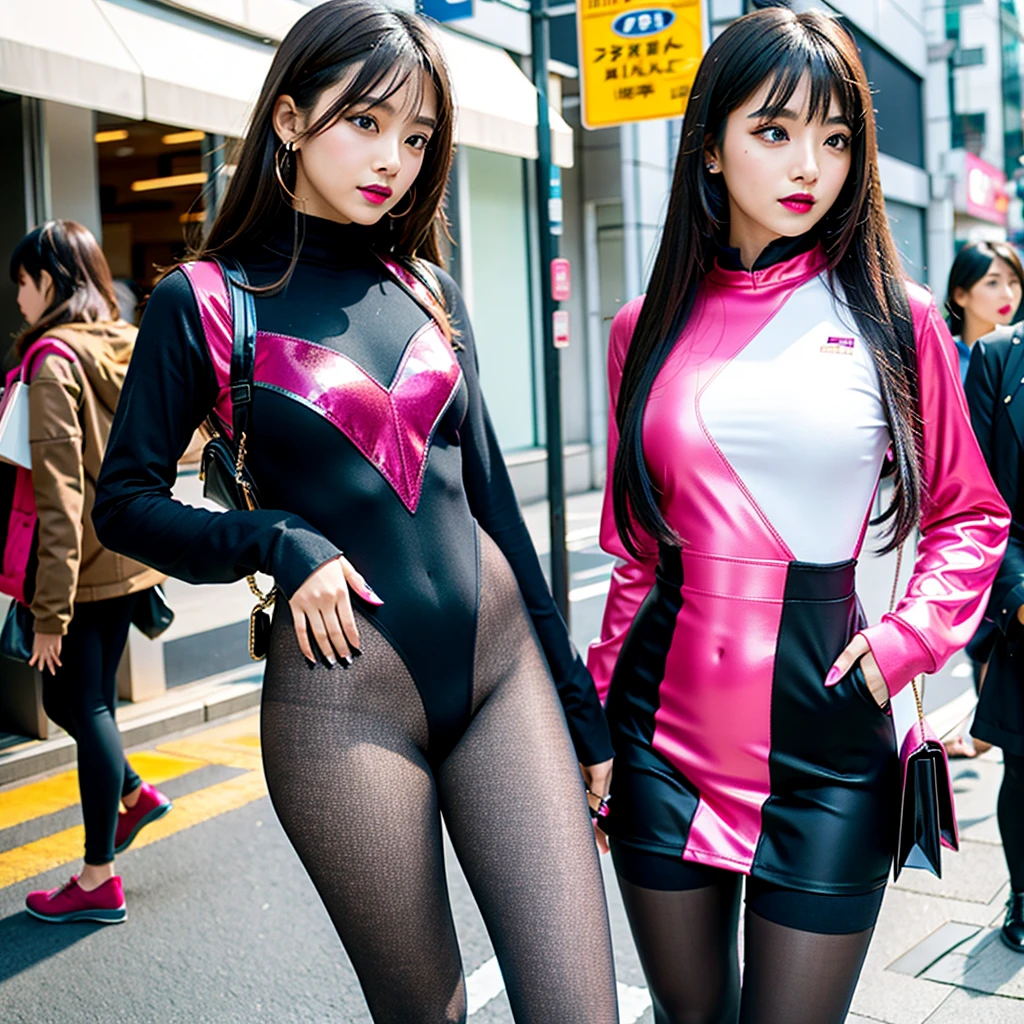 high quality, high resolution,Scenery of the city in Japan,One girl with five girls in the background,Detailed output of the girl in the background,Spandex long sleeve super high leg leotard,The girl in the background is also wearing the same super high-cut leotard.,Multicolored leotards,Wearing super shiny pantyhose,Brainwashing Makeup,Heavy makeup,Dark eyeshadow,Dark lipstick
