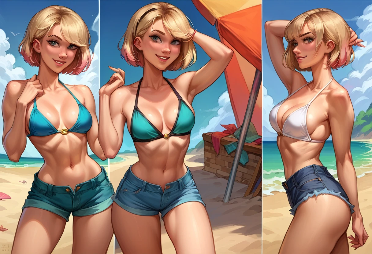 score_9, score_8_up, score_8_up, source_cartoon, 1girl, (short hair Gwen Stacy:1.0), cleavage, bikini top, shorts, beach, outdoors, model poses, smiling.