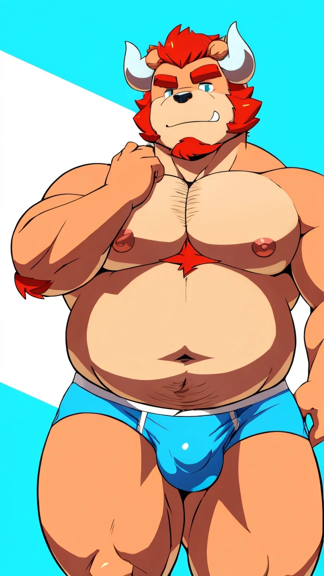 chernobog, big belly, chubby, masculine focus, underwear, bulge, nipples, full body, walking, full frontal, white background, 80s flat vector fashon art style