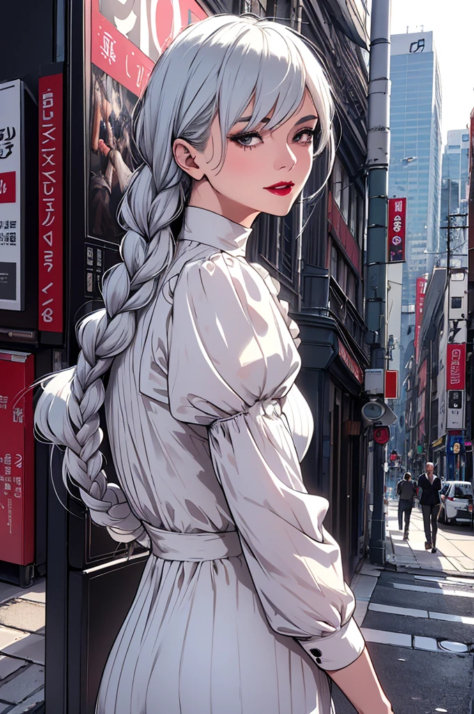 ultra realistic 8k cg, masterpiece, ((ultra detailed background, delicate pattern, intricate detail)), (highly detailed, fine details), best quality, 1girl, (photorealistic:1.4),beautiful lighting,  absurdres, RAW photo, film grain, ((medium breasts, slim girl)), 1girl, MeiMei, solo, long hair, braid, dress, hair over one eye, smile, long sleeves, braided bangs, black dress, braided ponytail, white hair, puffy sleeves, holding, turtleneck dress, makeup, grey hair, red lips, one eye covered, lipstick, parted lips, single braid, (complex detailed background, outside, urban environment, cowboy shot, from behind),
