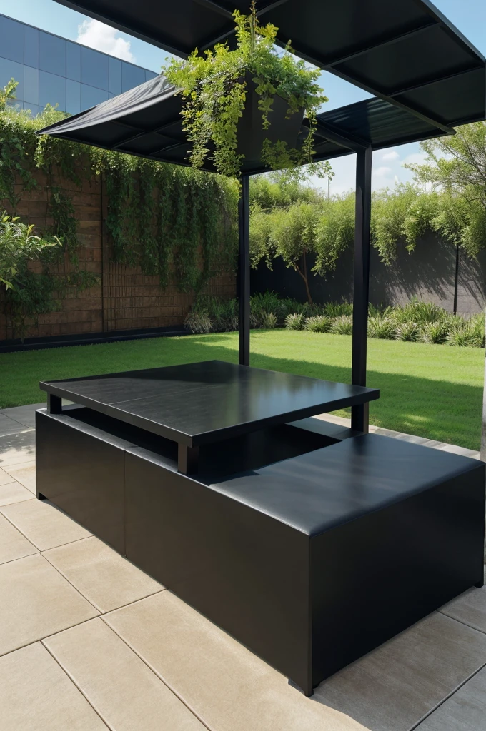 Black table above that black polythene small plants in a more realistic setting like a open area
