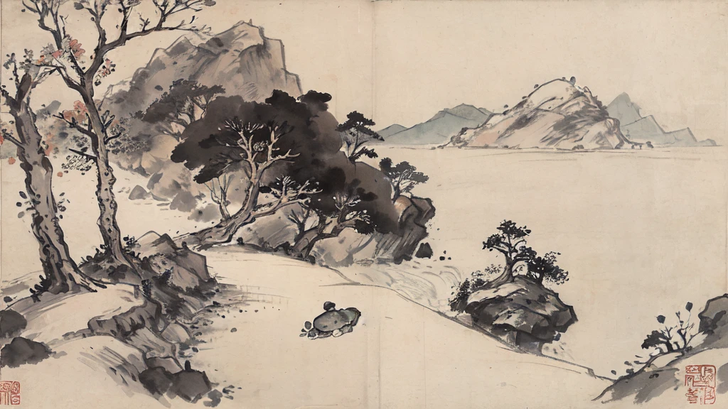 (masterpiece, best quality: 1.2), Traditional Chinese ink painting, Trees, Mountains, hillside, rock, Trees, No humans