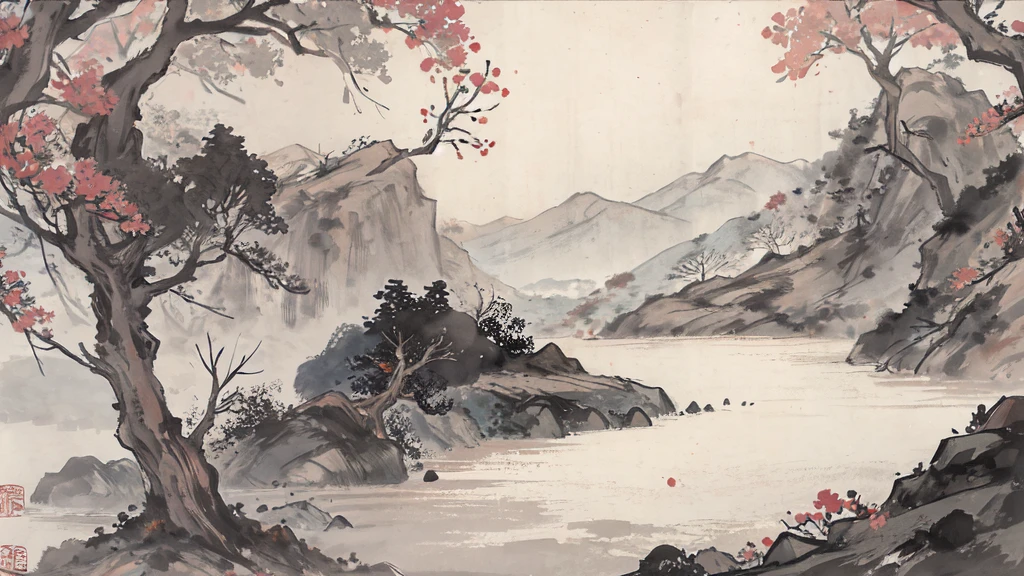 (masterpiece, best quality: 1.2), Traditional Chinese ink painting, Trees, Mountains, hillside, rock, Trees, No humans