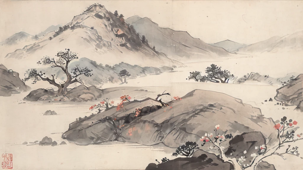 (masterpiece, best quality: 1.2), Traditional Chinese ink painting, Trees, Mountains, hillside, rock, Trees, No humans