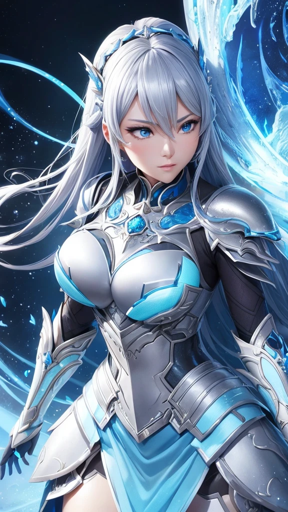 a close up of a woman in a silver and blue dress, chengwei pan on artstation, by Yang J, detailed fantasy art, stunning character art, fanart best artstation, epic exquisite character art, beautiful armor, extremely detailed artgerm, detailed digital anime art, artgerm on artstation pixiv, armor girl