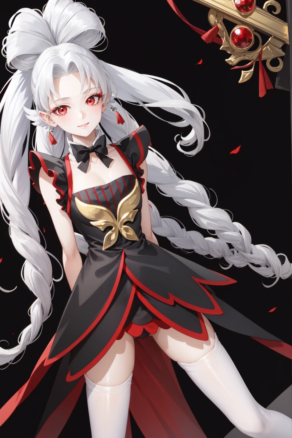 masterpiece, best quality, absurdres, perfect antomy, 1girl, solo, Twilight, white hair, long hair, quad tails, black dress, red pantyhose, TwilightBelt, skirt, bow, gradient background, arms behind back, smile