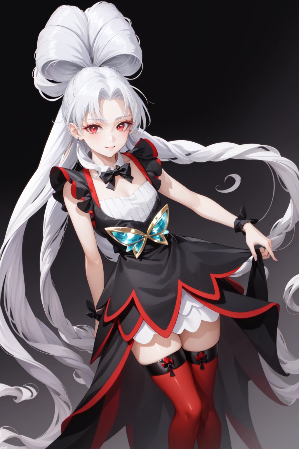 masterpiece, best quality, absurdres, perfect antomy, 1girl, solo, Twilight, white hair, long hair, quad tails, black dress, red pantyhose, TwilightBelt, skirt, bow, gradient background, arms behind back, smile