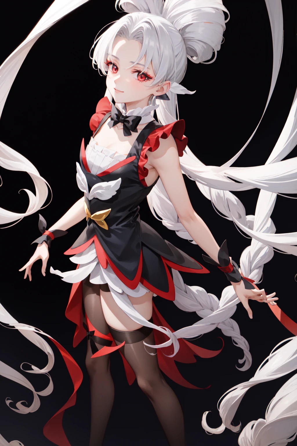 masterpiece, best quality, absurdres, perfect antomy, 1girl, solo, Twilight, white hair, long hair, quad tails, black dress, red pantyhose, TwilightBelt, skirt, bow, gradient background, arms behind back, smile