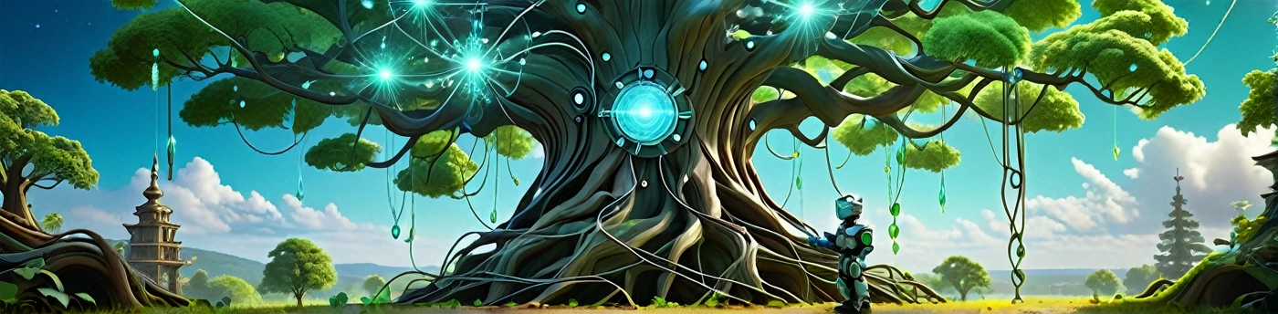 Depict a giant tree whose trunk consists of intertwining wires and magical vines. The tree's branches represent different technologies: one branch ends with a 3D printer, another with a robot, a third with an AI cloud. Glowing NFT crystals float in the tree's crown. At the foot of the tree, a figure of a maker-mage creating a new invention from the tree's energy. The background resembles a futuristic Ukrainian landscape
