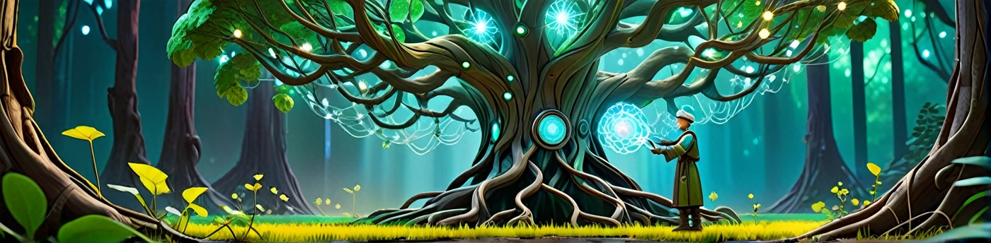 Depict a giant tree whose trunk consists of intertwining wires and magical vines. The tree's branches represent different technologies: one branch ends with a 3D printer, another with a robot, a third with an AI cloud. Glowing NFT crystals float in the tree's crown. At the foot of the tree, a figure of a maker-mage creating a new invention from the tree's energy. The background resembles a futuristic Ukrainian landscape