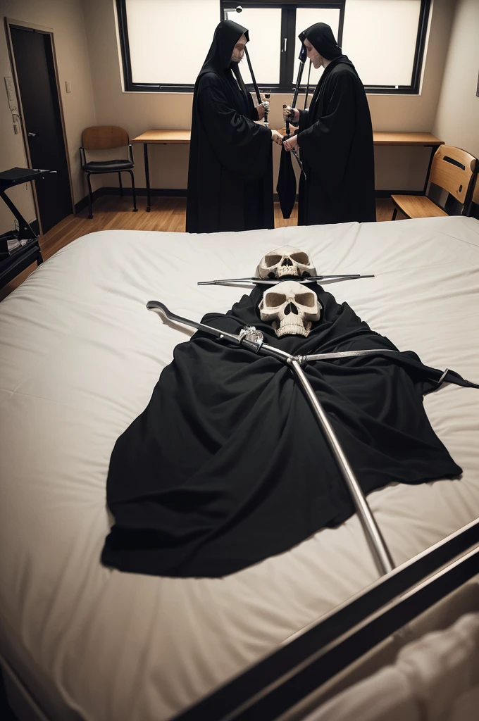 Create an image in a hospital room with multiple beds, left and right side, occupied by patients. A skull in black robe, holding a scythe, positioned in the center of the room. All image in freehand drawing style.