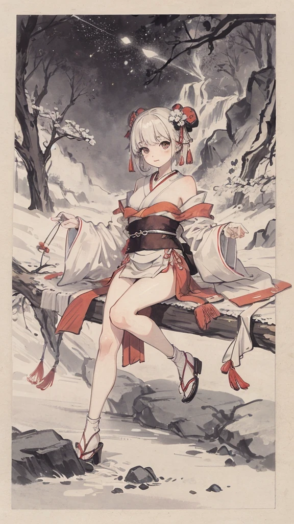 milky way、1 male、1 female、Wearing a Japanese-style kimono、
Men&#39;s navy blue kimono、Women&#39;s red kimono
