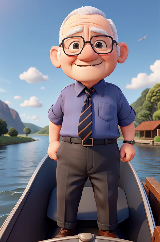 senior citizen, baldie, plumpness, with navy blue dress shirt and black pants, in a small boat on the river