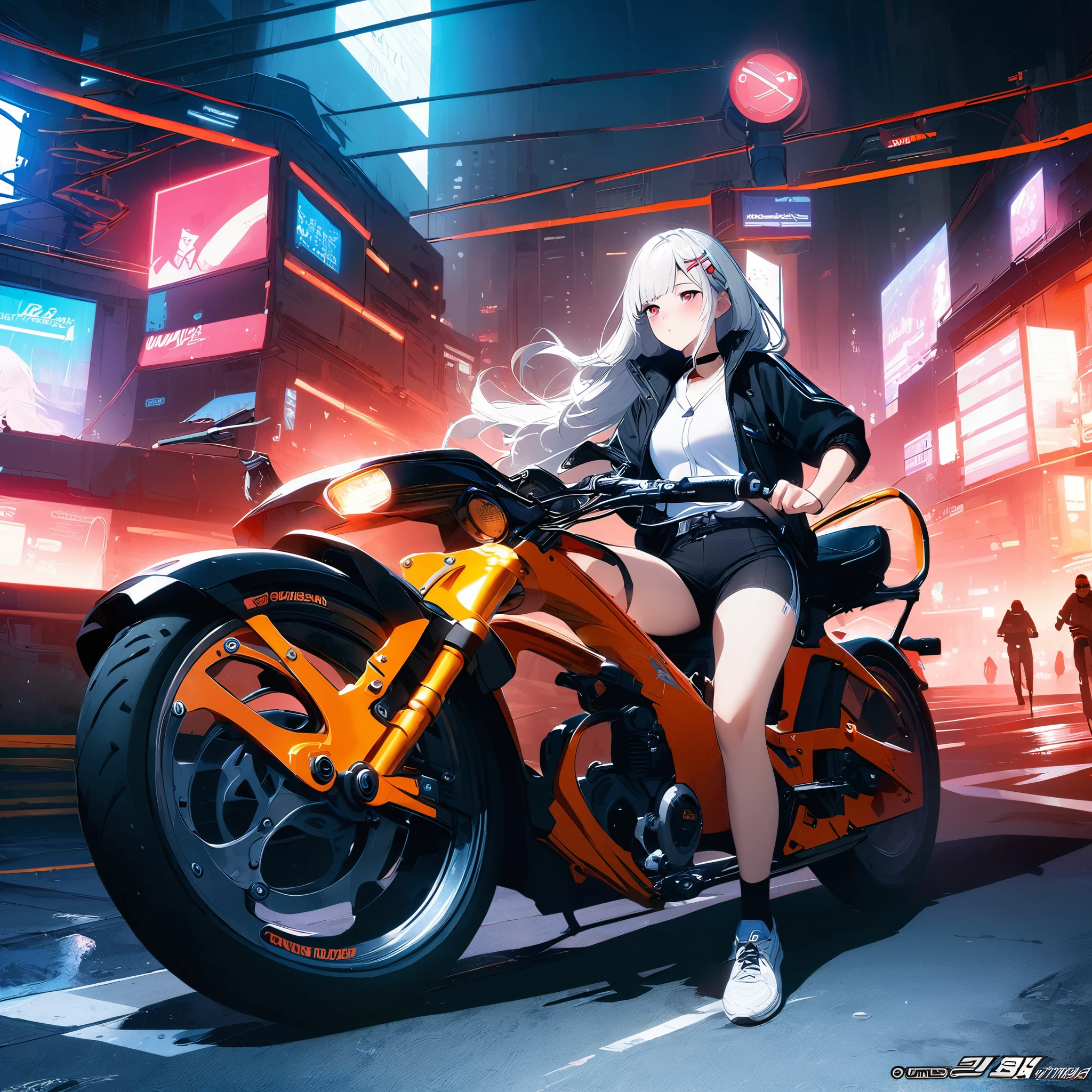 Official Art, 1girl, Unity 8K wallpaper, Extremely detailed, beautiful and aesthetic, masterpiece, best quality, Practical, trumpet, blush, Long hair, White hair, Striped hair, Red Eyes, Hairpin, Moles under the eyes, Red autumn bicycle, Cycling, night, Cyberpunk Cityscape, Epic screen, delicate.