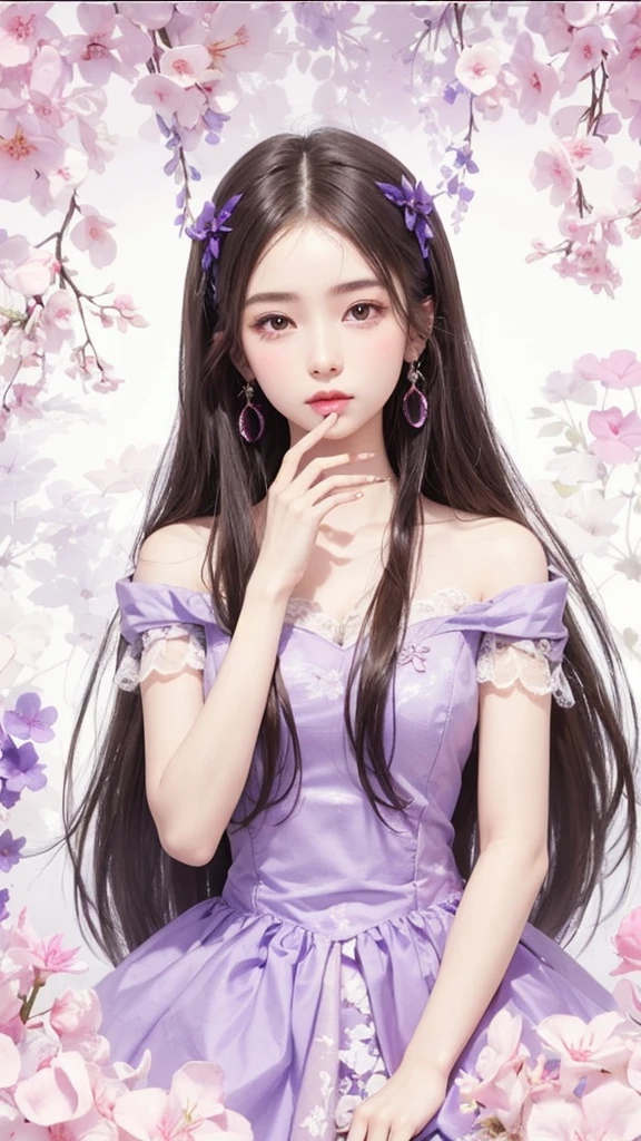 A stunningly lifelike portrait captures a 32-year-old girl with purple eyes and beautiful European features. girl have shiny, healthy and volumous purple hair.