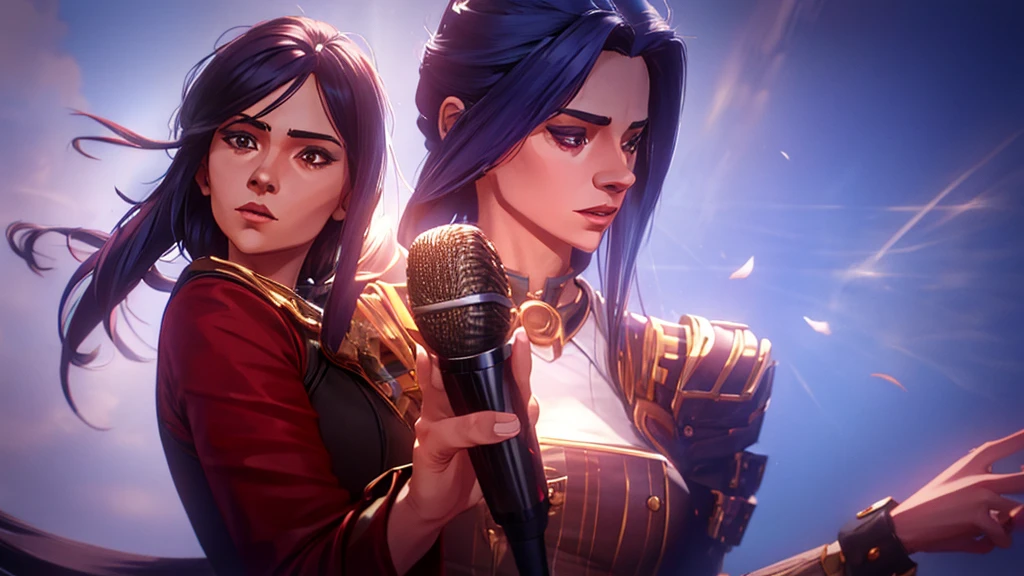 a female character holding a microphone without a background only the character, long hair and very beautiful