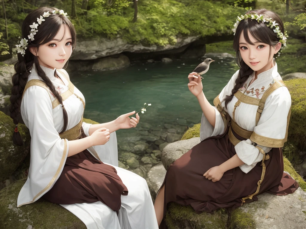 Cute Woman sitting on rock 、Beautiful forest, high mountains of the Alps, one bird 、Realistic, Masterpiece, Cinematic, Gorgeous national costume, detailed beautiful eyes, a smile that reveals a hint of white teeth, Braid