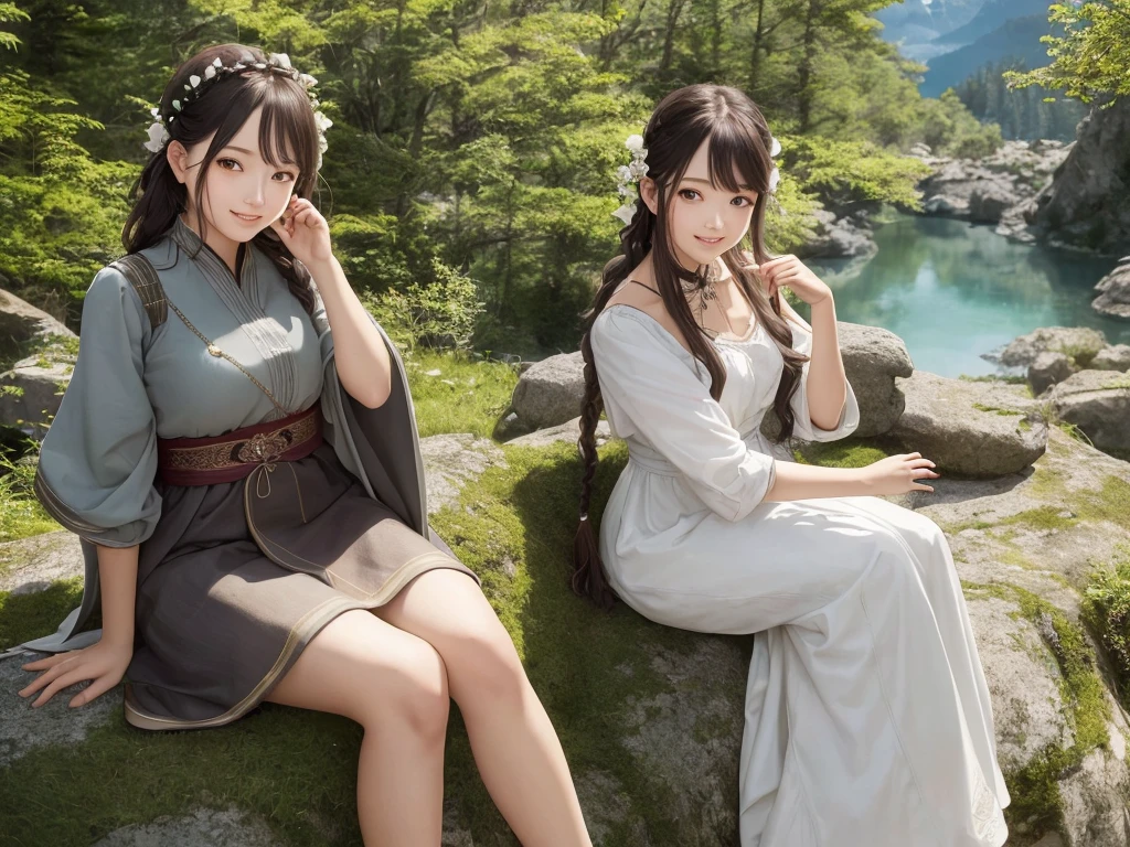 Cute Woman sitting on rock 、Beautiful forest, high mountains of the Alps, one bird 、Realistic, Masterpiece, Cinematic, Gorgeous national costume, detailed beautiful eyes, a smile that reveals a hint of white teeth, Braid