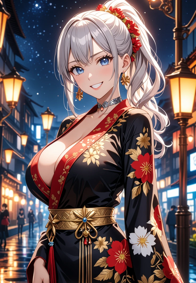 ((One personの女性)), Beautiful Face, (Laughing embarrassedly), ((smirk:1.2)), ((Wink:1.3)), (head tilt:1.3), upper teeth, looking at viewer, ((full-face brash:1.5)),  ((Big Breasts:1.3)), Night view,Countryside landscape,  Glossy Red Lips, (Shining Face), ((Anime style background)),masterpiece, Highest quality, so beautiful,up to date, Complex details, (Pink long nails), (nail art), (ring),(bracelet),(Floral choker), AI-generated, Complex,High resolution, Highest quality, super high quality,3D Images、3D Images,One person,Long white hair,High Ponytail, Anime woman posing for a photo, ((silver eyes:1.5)), ((Fine grain、blue eyes、Shining Eyes:1.4)), (Squint your eyes:1.1),a hyperRealistic , hyperRealistic , Realistic,Anime woman with long white hair, Smooth anime CG art, (A woman in a colorful kimono with gold embroidery), ((Black long sleeve kimono:1.5)), Red floral pattern,Long flower hair ornament,Earrings,Mature Body,Tall,Abdominal muscles,Tight waist, ((Zoom in on face:1.8)), (front view:1.3),