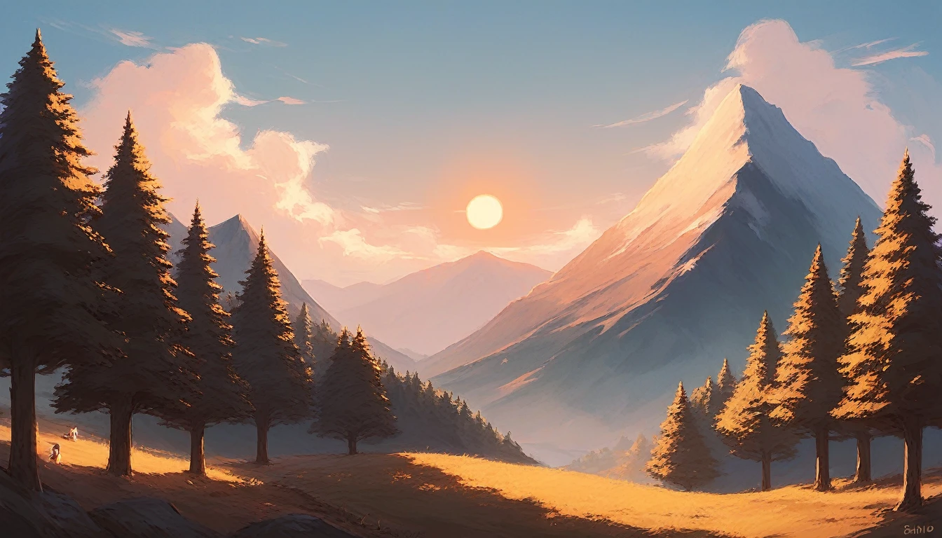 Mountains in the distance, rise sun, trees, Riu