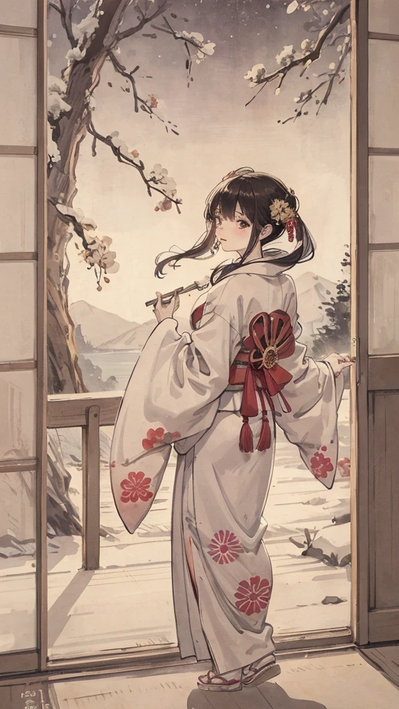 milky way、1 male、1 female、Wearing a Japanese-style kimono、
Men&#39;s navy blue kimono、Women&#39;s red kimono