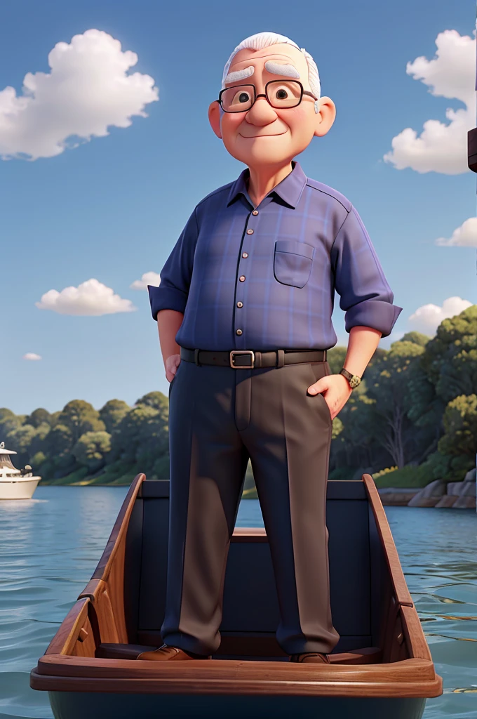 senior citizen, baldie, plumpness, with navy blue dress shirt and black pants, in a small boat on the river