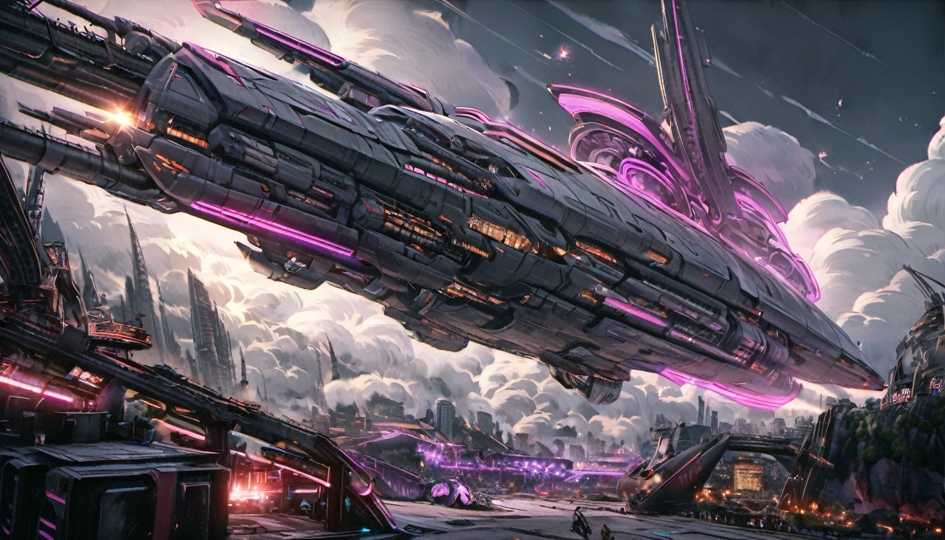 a massive futuristic spaceship, a space battle scene, a huge enemy spaceship looming in the distance, a command bridge overlooking the battle, cinematic lighting, highly detailed, epic scale, intricate mechanical design, glowing neon lights, reflective metal surfaces, billowing smoke and exhaust, intense battle damage, dynamic camera angle, dramatic lighting and shadows, hyper-realistic, photorealistic, 8k resolution, masterpiece, EdobHorrorLandscape