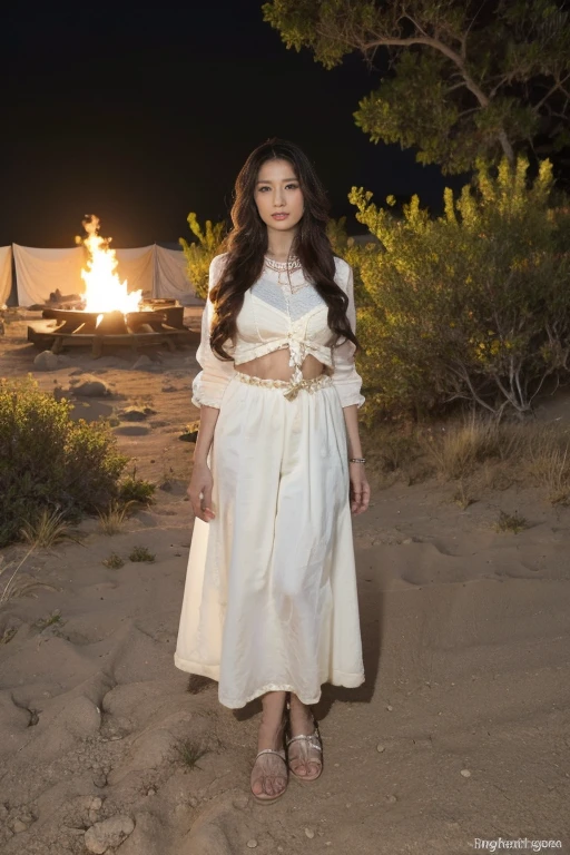 Western United States,Indian tribe in the desert,Night,Full body portrait, 8K, masterpiece, The most detailed, Highest quality, Perfect appearance. Too realistic, Create a fit, Indian woman, Feral,Perfect body,Charming eyes,Tan skin, muscle, bounce, (Long hair:1.3), indian ethnic costumes,Indian clothing,dark theme, Dense forest, night, dark,Bonfire in the background,indian tent,A group of American soldiers behind
