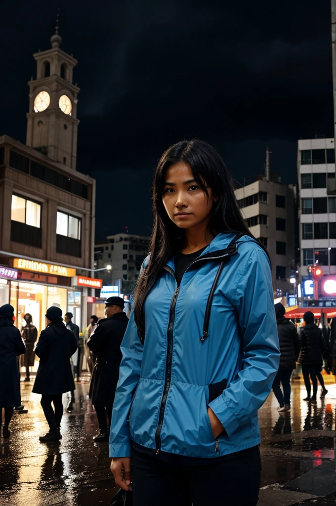 A city struck by an earthquake and torrential rain hundreds of people in rush but a girl standing on the midst and observing everyone.