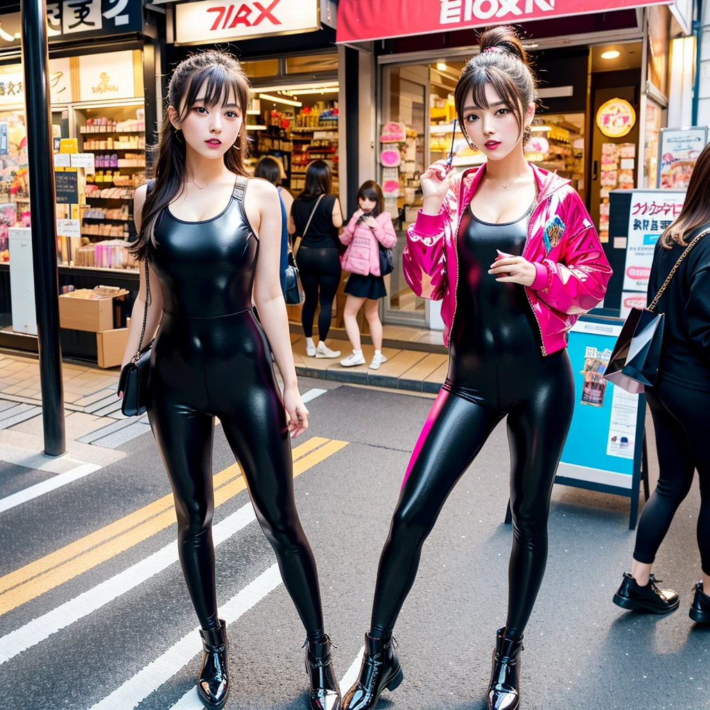 high quality, high resolution,Scenery of the city in Japan,One girl with multiple girls in the background,Detailed output of the girl in the background,Super high leg leotard made of spandex,Spandex long gloves The girl in the background is also wearing the same super high leg leotard and long gloves,Colorful leotards,Wearing super shiny pantyhose,Brainwashing Makeup,Heavy makeup,Dark eyeshadow,Dark lipstick,The streets are filled with people wearing high-cut leotards.,transformation,The world where leotards are a trend