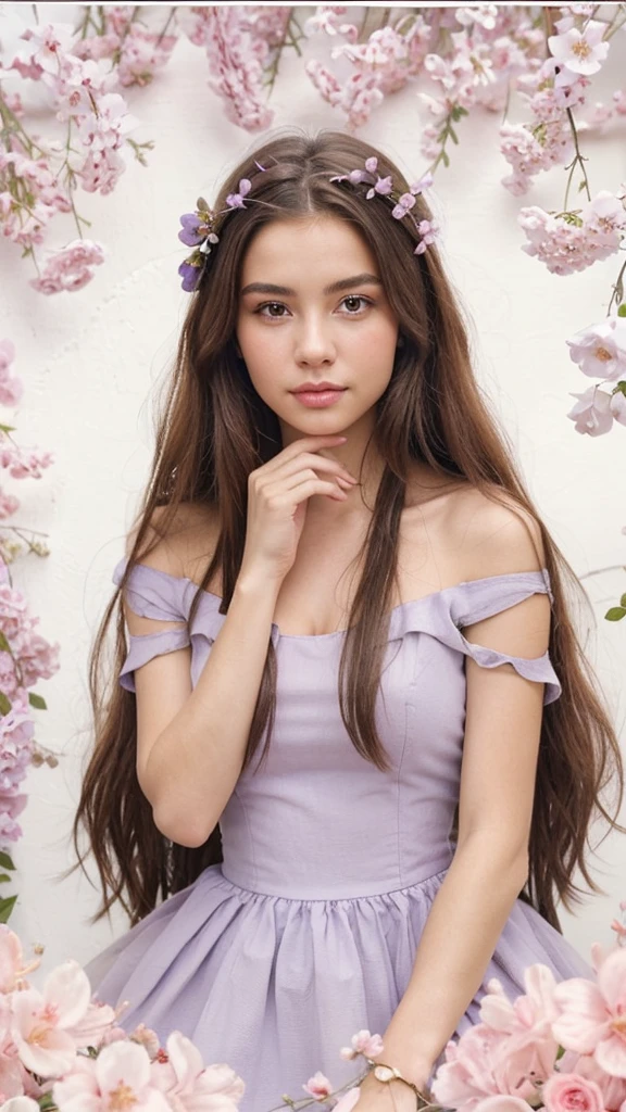 A stunningly lifelike portrait captures a 32-year-old girl with purple eyes and beautiful European features. girl have shiny, healthy and volumous purple hair.