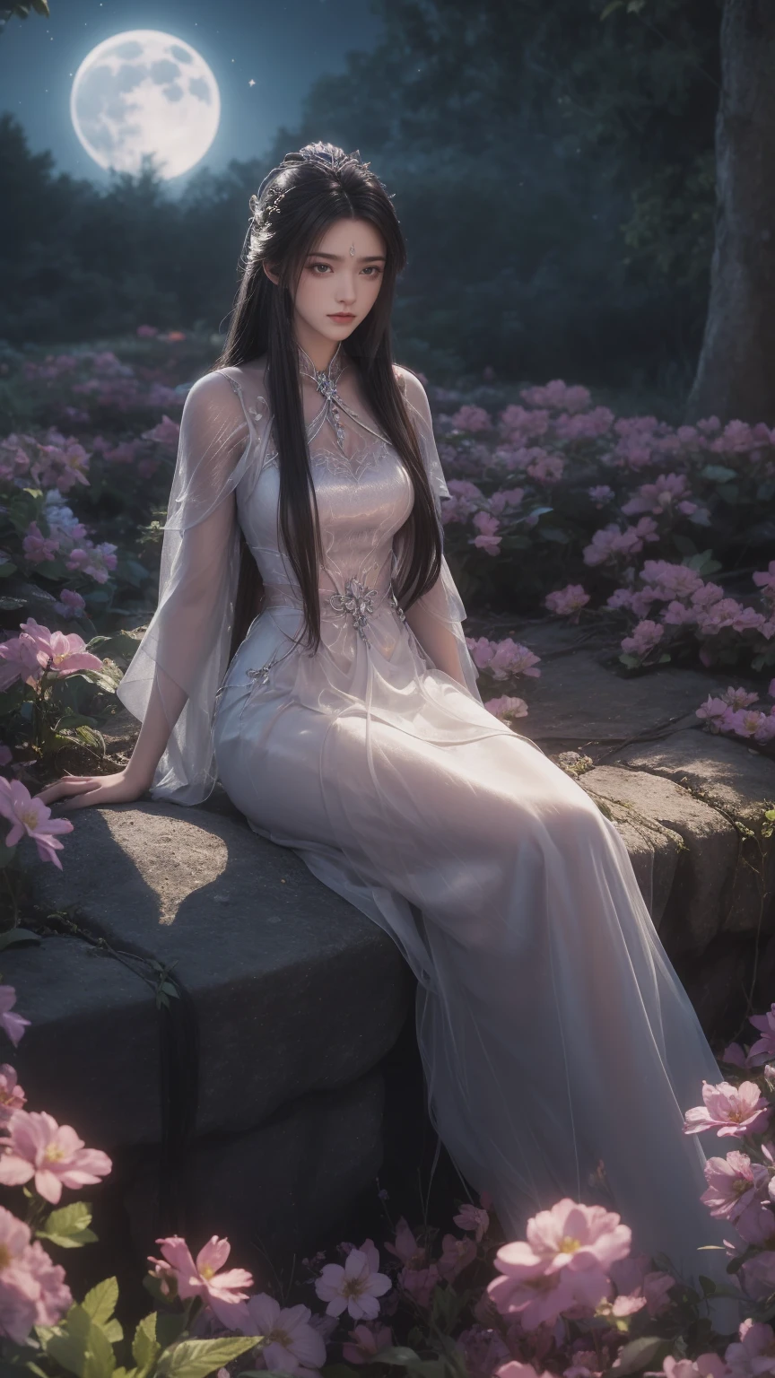 1girl, girl with long black hair, smiling, cheerful, girl is sitting among a wide expanse of flowers, surrounded by beautiful flowers, Calm and peaceful atmosphere, night, moonlight , Beautiful glowing butterflies surround the girl lighting up the darkness of the night, magic,Romantic, the night breeze blows the Sepoi Sepoi girl's hair, 