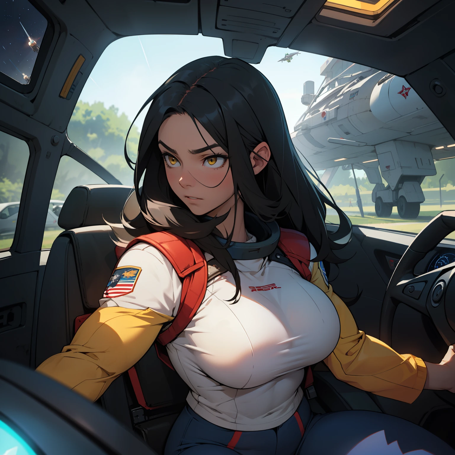 1girl solo black hair yellow eyes very long hair pale skin muscular muscular muscular muscular toned body huge muscles thick thighs girl tight clothes messy hair leggings tight shirt long sleeves thick thick thick thick thick thick (piloting spaceship) (piloting spaceship) (piloting spaceship) (piloting spaceship) (piloting spaceship) (piloting spaceship) (piloting spaceship) expressionless sad