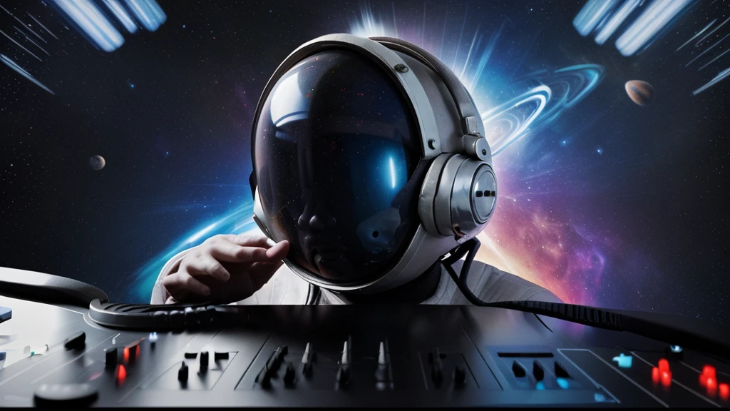 Space dj with closed helmet. Abstract