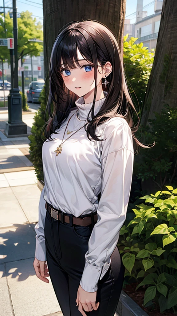 1girl, solo, long hair, breasts, looking at viewer, blush, bangs, blue eyes, shirt, black hair, long sleeves, jewelry, medium breasts, closed mouth, standing, cowboy shot, earrings, outdoors, parted lips, day, belt, pants, tree, lips, plaid, turtleneck, black pants, plant, jeans, tucked-in shirt, brown belt, horseshoe necklace