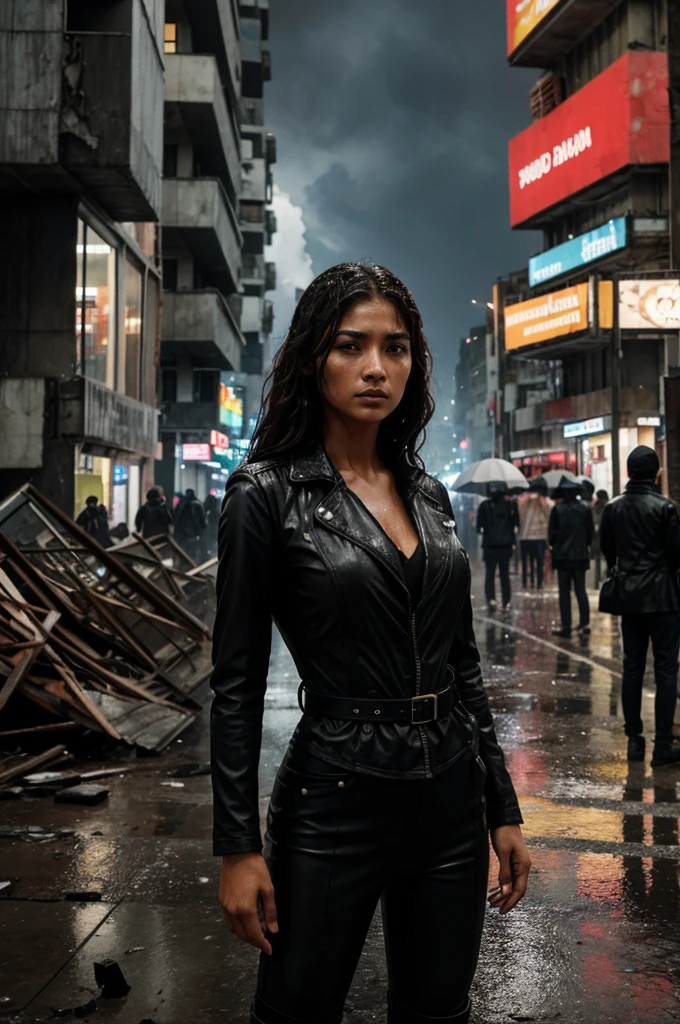 A dystopian city struck by an earthquake and torrential rain hundreds of people in rush but a girl standing on the midst and observing everyone.