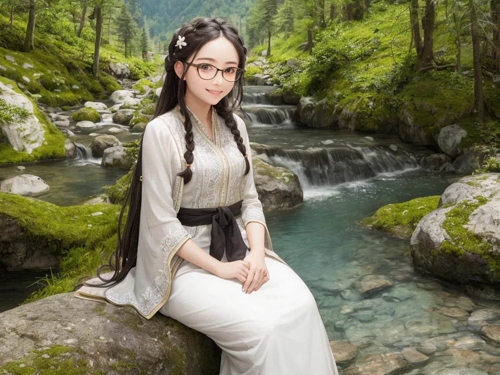 Cute Woman sitting on rock 、Beautiful forest, high mountains of the Alps, one bird 、Realistic, Masterpiece, Cinematic, Gorgeous national costume, detailed beautiful eyes, a smile that reveals a hint of white teeth, Braid, Glasses