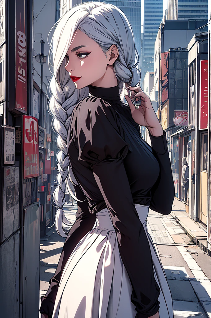 ultra realistic 8k cg, masterpiece, ((ultra detailed background, delicate pattern, intricate detail)), (highly detailed, fine details), best quality, 1girl, (photorealistic:1.4),beautiful lighting,  absurdres, RAW photo, film grain, ((medium breasts, slim girl)), 1girl, MeiMei, solo, long hair, braid, dress, hair over one eye, smile, long sleeves, braided bangs, black dress, braided ponytail, white hair, puffy sleeves, holding, turtleneck dress, makeup, grey hair, red lips, one eye covered, lipstick, parted lips, single braid, (complex detailed background, outside, urban environment, cowboy shot, from behind),tassel earrings 