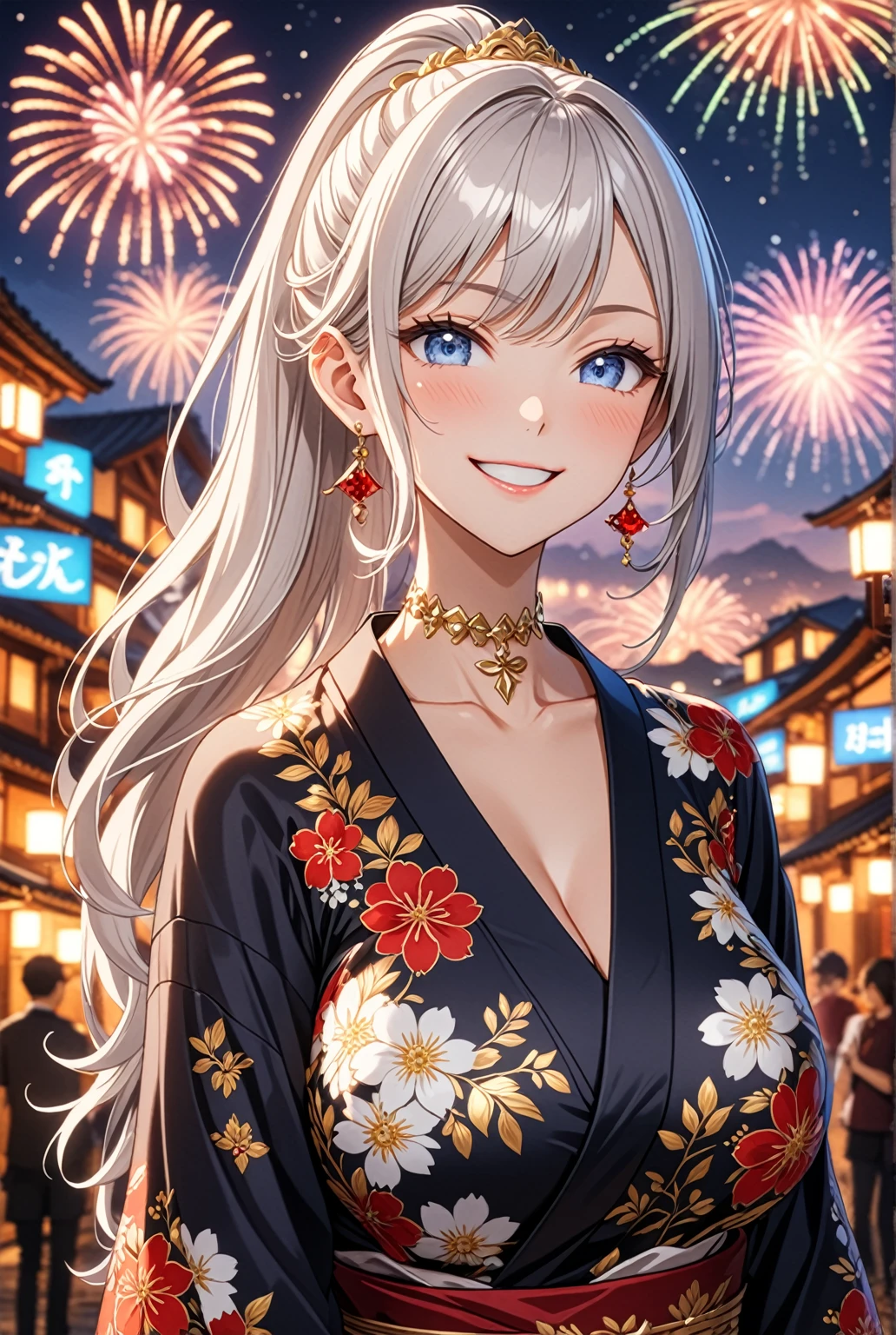 ((One personの女性)), Beautiful Face, (Laughing embarrassedly), ((smirk:1.2)), ((Wink:1.5)), (head tilt:1.3), upper teeth, looking at viewer, ((full-face brash:1.4)), ((Big Breasts:1.3)), Night view,Countryside landscape, firework, Glossy Red Lips, (Shining Face), ((Anime style background)),masterpiece, Highest quality, so beautiful,up to date, Complex details, (Pink long nails), (nail art), (ring),(bracelet),(Floral choker), AI-generated, Complex,High resolution, Highest quality, super high quality,3D Images、3D Images,One person,Long white hair,High Ponytail, Anime woman posing for a photo, ((silver eyes:1.4)), ((Fine grain、blue eyes、Shining Eyes:1.3)), (Squint your eyes:1.1),a hyperRealistic , hyperRealistic , Realistic,Anime woman with long white hair, Smooth anime CG art, (A woman in a colorful kimono with gold embroidery), ((Black long sleeve kimono:1.7)), Red floral pattern,Long flower hair ornament,Earrings,Mature Body,Tall,Abdominal muscles,Tight waist, ((Zoom in on face:1.8)), (front view:1.3),