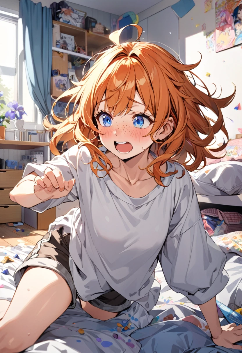 Adult female, long orange hair, messy hair, perfect eyes, perfect silver irises, perfect pupils, freckles baggy shirt, shorts, comfy clothes, messy bedroom, otaku bedroom, flustered, tripping, highly detailed, best detail, best hands