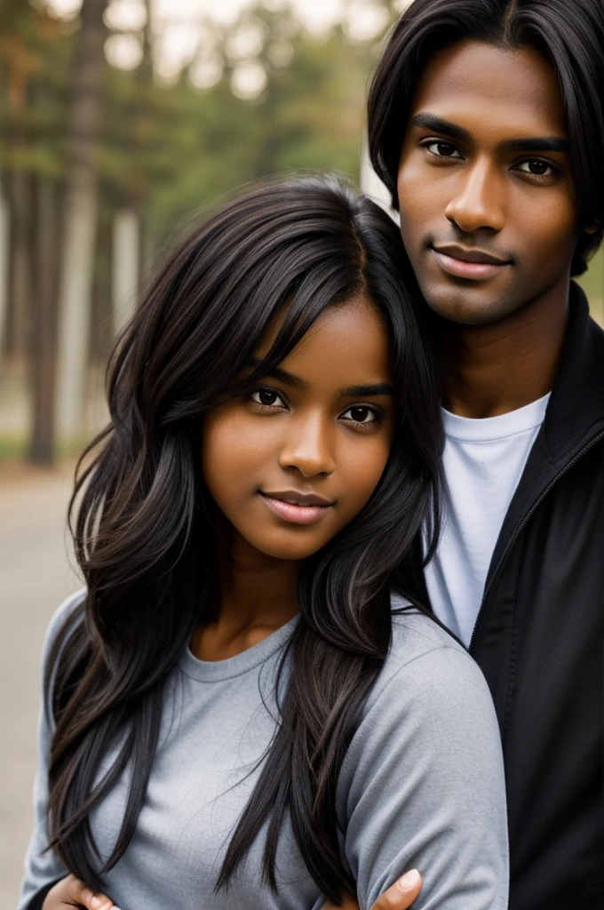 Create a couple in love: the man is thin, dark-skinned with brown eyes and black hair, the woman is dark-skinned with brown eyes and tall brown hair.