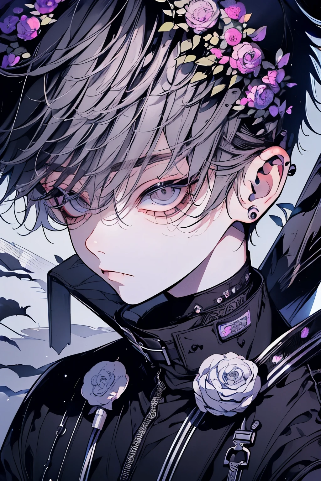 (Mastepiece), (Best Quality), Very detailed, 1 boy, Solo Shooting, Perfect Face, Beautiful Face, Very detailedな顔,(Gray Hair:1.3),(short hair:1.4)、(Big eyes:1.4),(Long eyelashes:1.4)、(Jet Black Eyes:1.3)、Monochrome、Black clothes、Lots of flowers、petal